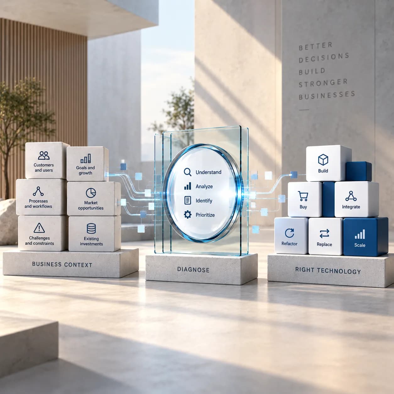 Three stone plinths in a sunlit courtyard. On the left, a plinth marked Business Context carries six blocks: customers and users, goals and growth, processes and workflows, market opportunities, challenges and constraints, and existing investments. Circuit traces run from them to the centre plinth, marked Diagnose, where a glass lens lists understand, analyze, identify, and prioritize. More traces run on to the right plinth, marked Right Technology, whose six blocks read build, buy, integrate, refactor, replace, and scale. Engraved on the wall behind: better decisions build stronger businesses.